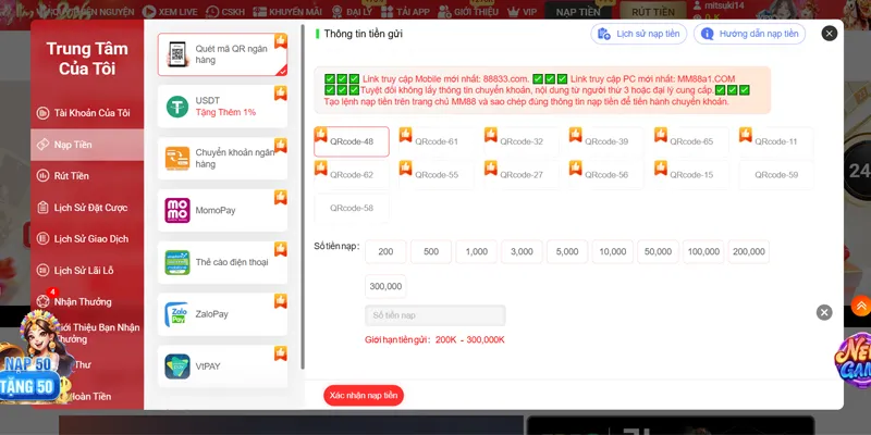 Tính năng nạp rút tiền MM88 siêu tốc trong 3 phút